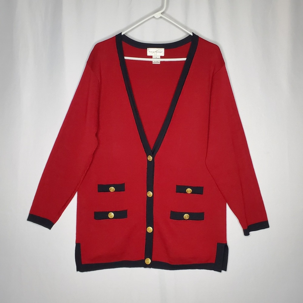 Field Manor Wool Gold Button Cardigan Women Medium Color Block Old Money Classic